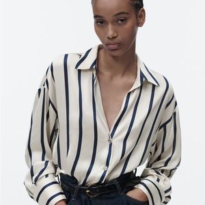 Zara Satin Effect Oversized Shirt Sz S Navy White
